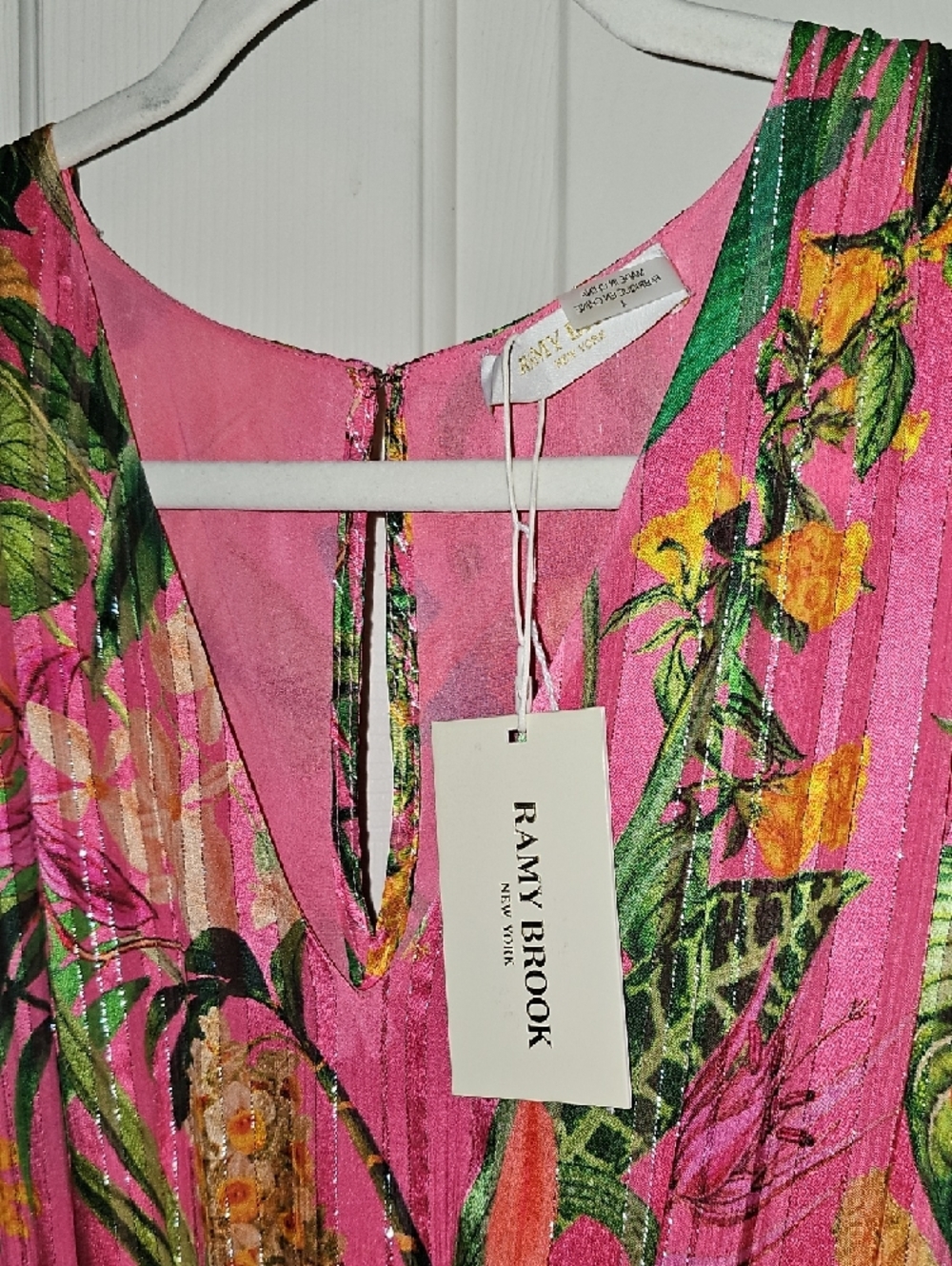 Ramy Brook Pink Tropical Print V-Neck Tiered Mini Dress - Picture 2 of 4